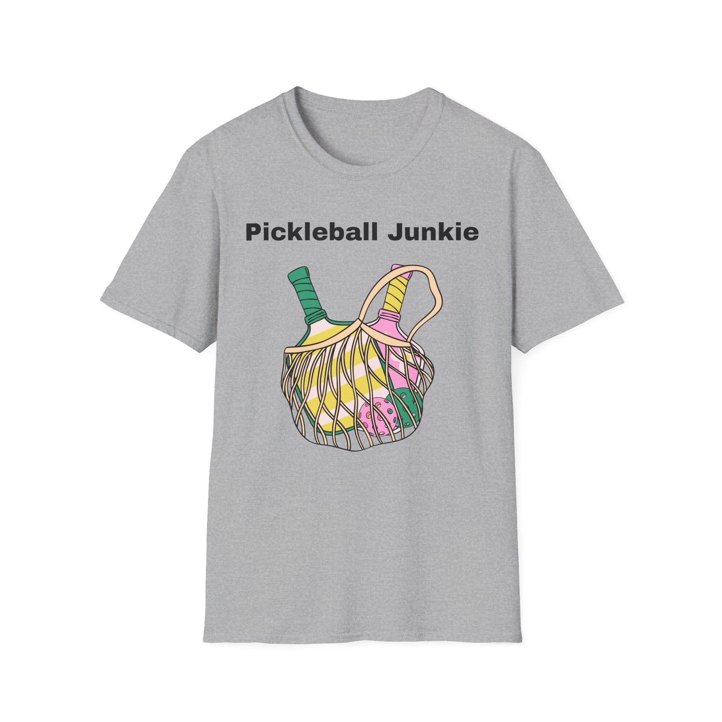 Pickleball Junkie T-Shirt | Colorful Paddle and Ball Illustration