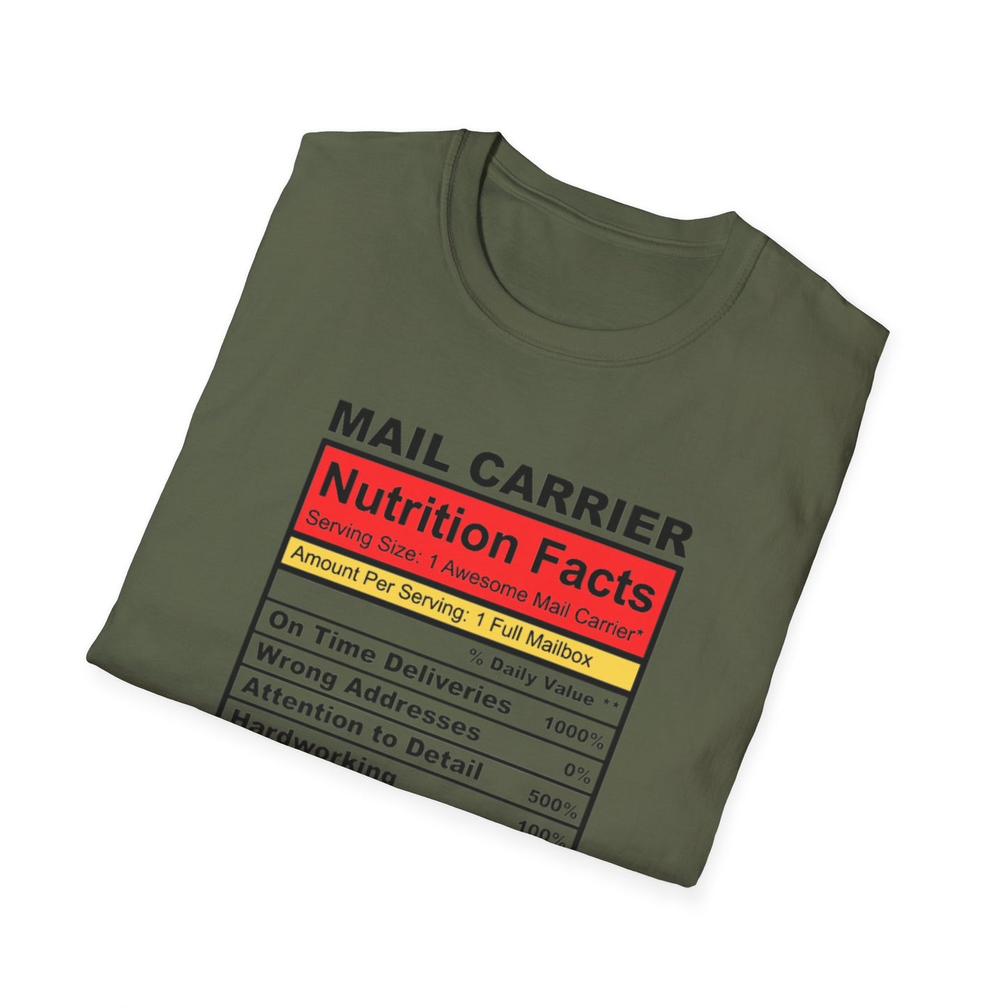 Mail Carrier Nutrition Facts Unisex Softstyle T-Shirt, Funny Gift for Postal Workers, Delivery Staff Tee, Unique Graphic Tee, Casual Wear