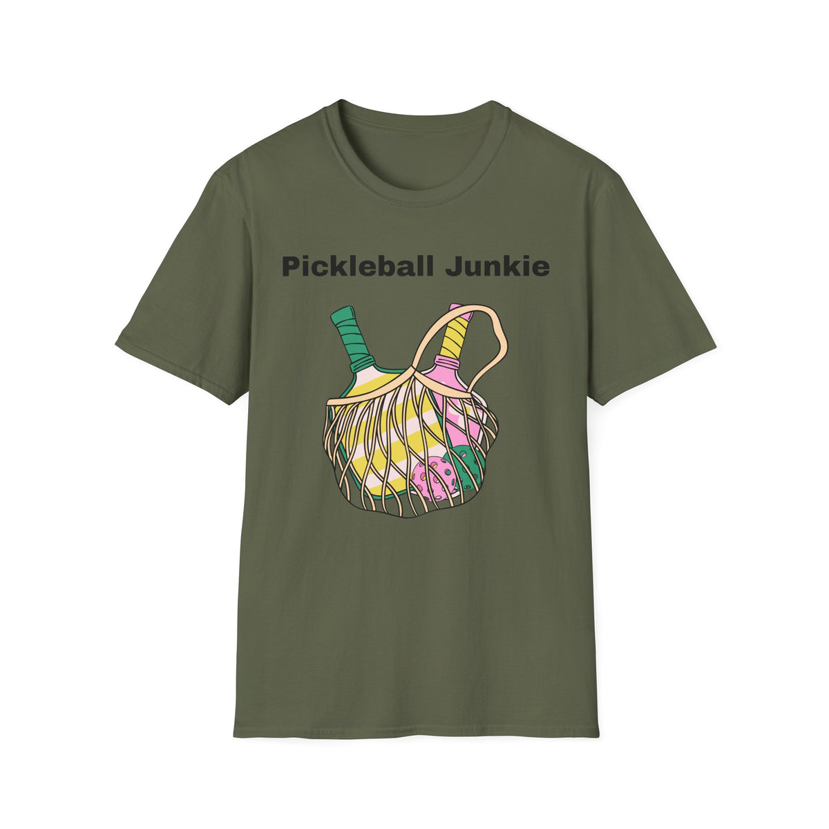 Pickleball Junkie T-Shirt | Colorful Paddle and Ball Illustration