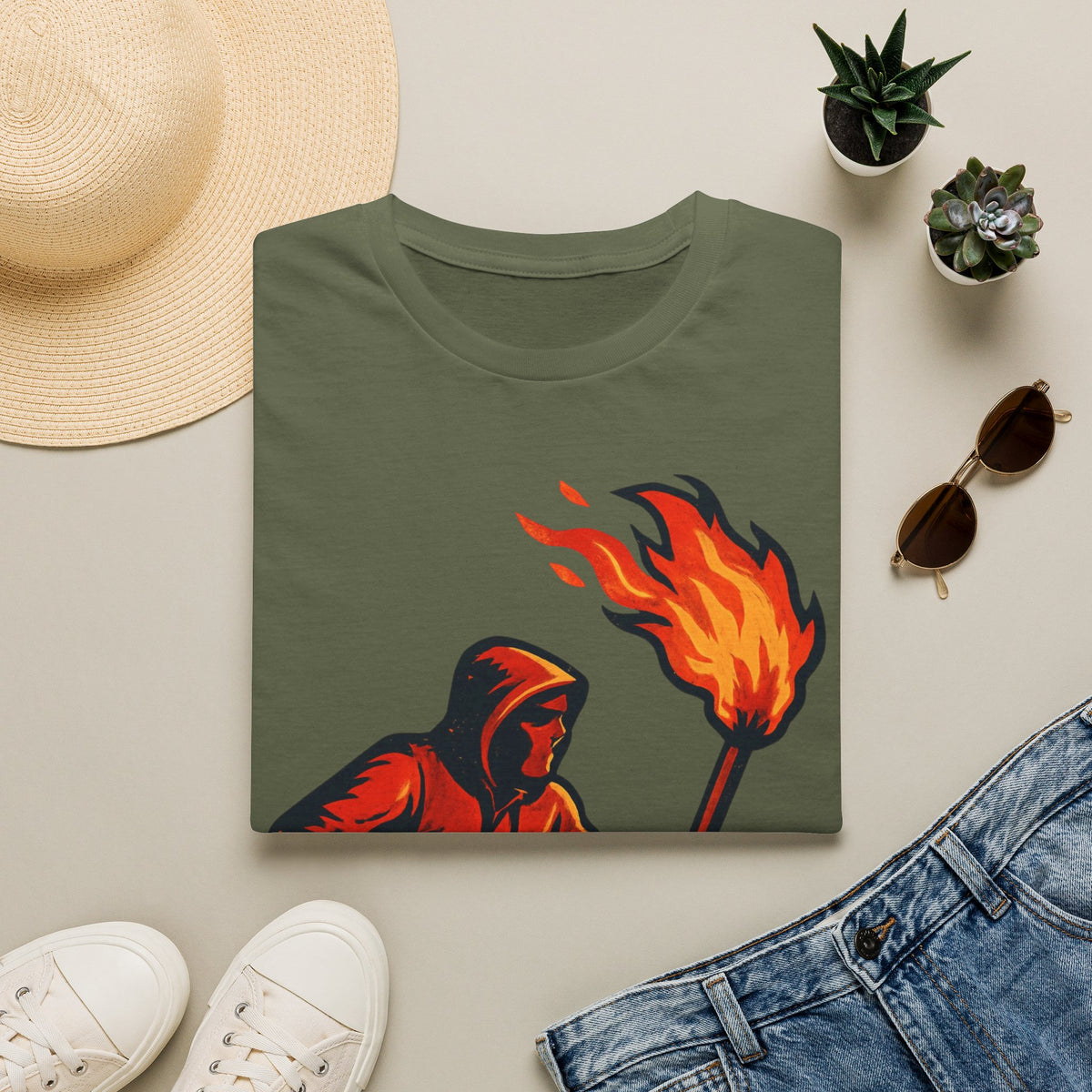 Hooded Figure with Torch T-Shirt | Flame Riot Graphic Tee