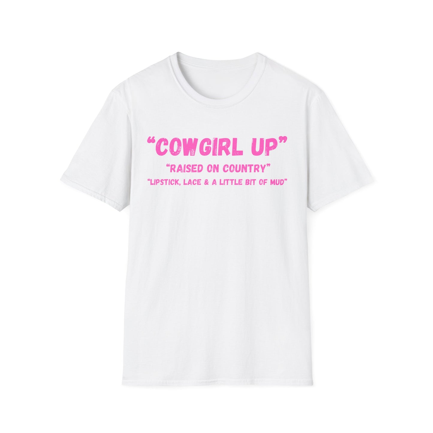 Cowgirl up graphic tee, T Shirt | Raised on Country pink text