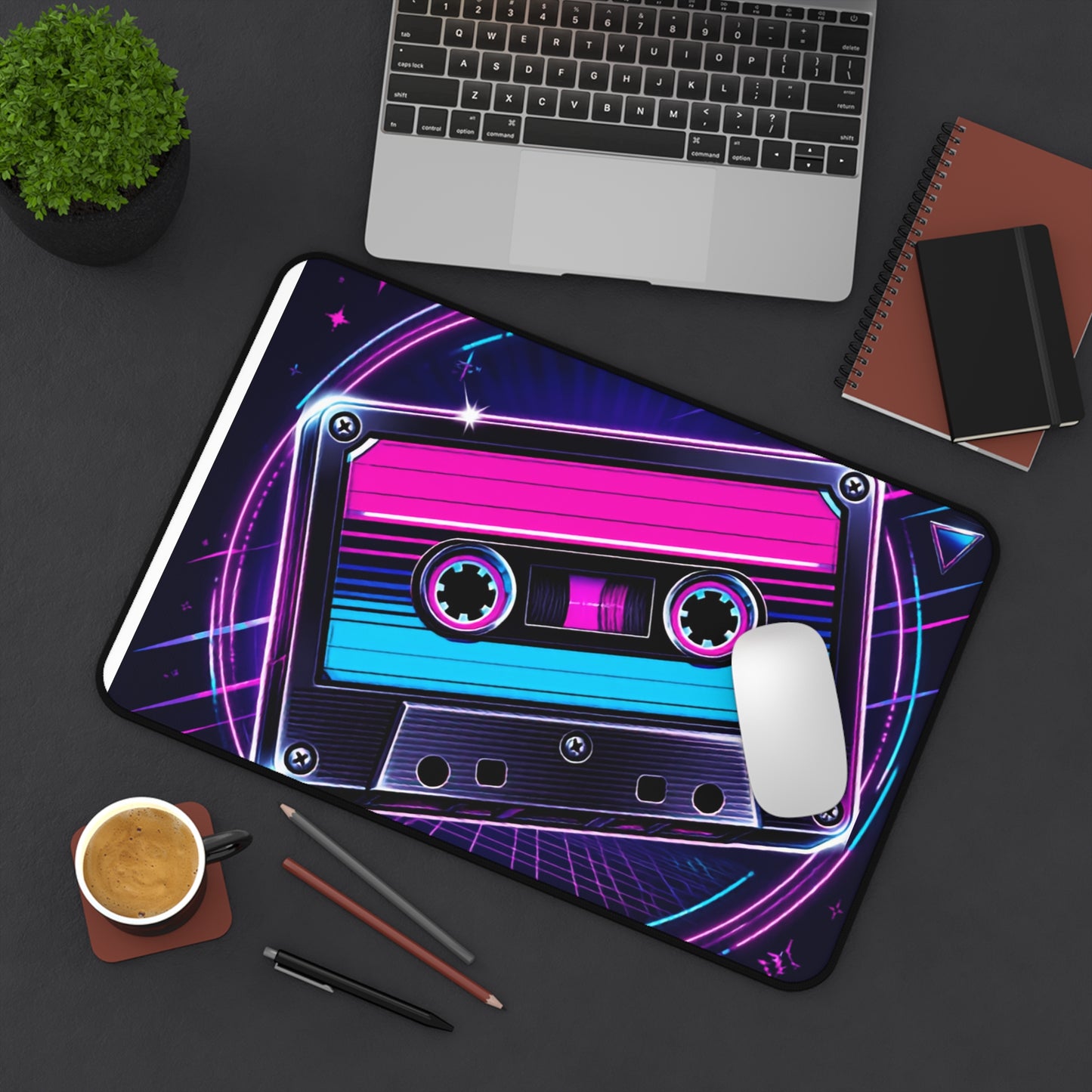 Retro Neon Cassette Tape Desk Mat | 80s Vaporwave Mouse Pad